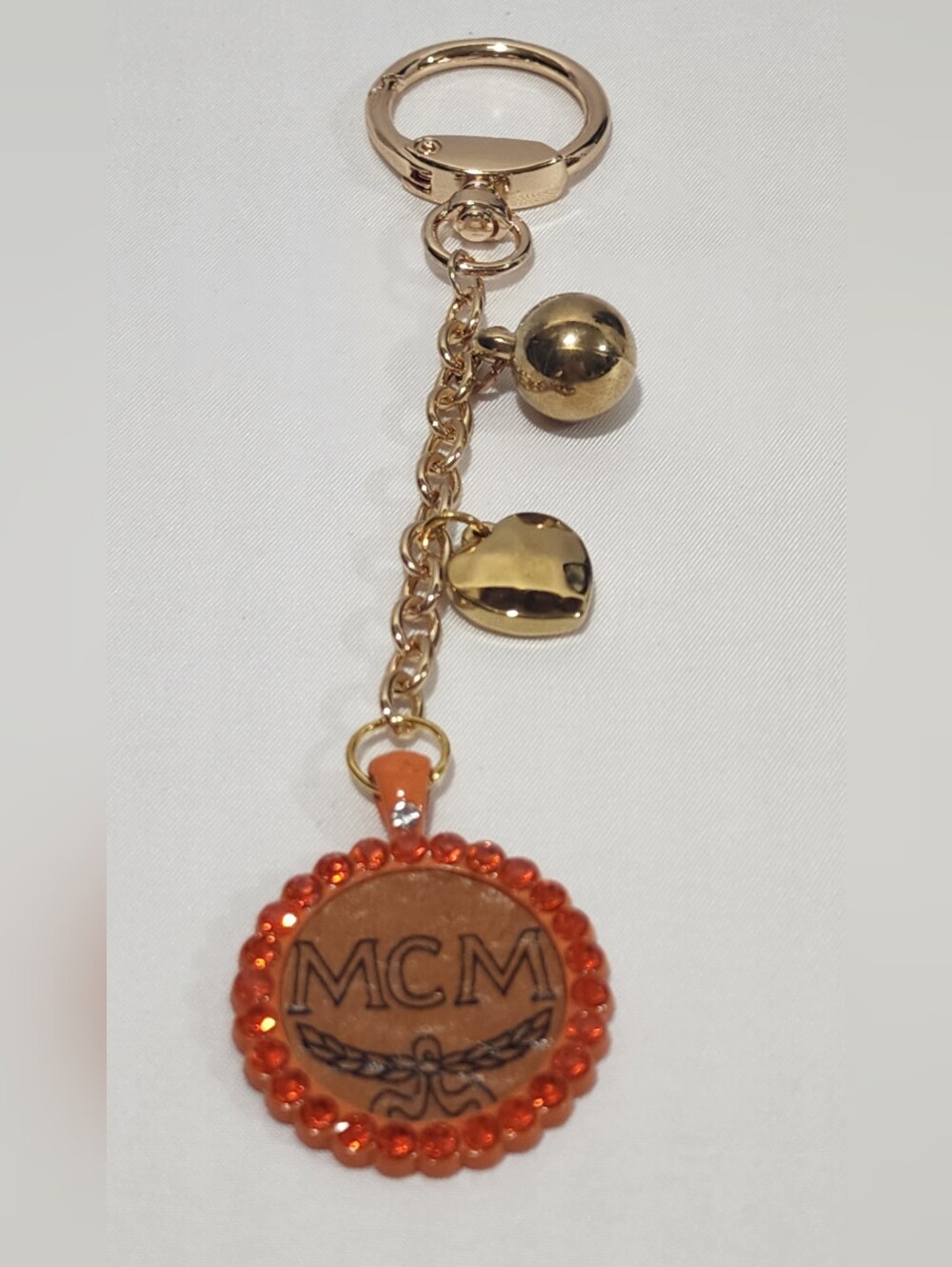 MCM Cognac Orange Monogram Canvas Crystal-Trim Keychain Bag Charm